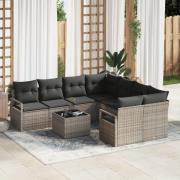 vidaXL 9-delad Trädgårdsoffasett med Kuddar Grå Poly Rattan, vidaXL 2-...