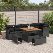 vidaXL 9-delars trädgårdsoffaset med kuddar svart poly rattan akacia, ...