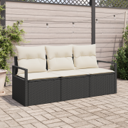 vidaXL 3-delad trädgårdsssofa-set med kuddar svart poly rattan