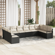 vidaXL 10-delars trädgårdsoffasett med dynor Svart Poly Rattan