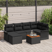 vidaXL 7 stycken Trädgårdsoffaset med Kuddar Svart Poly Rattan Akacia