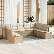 vidaXL 9-delars trädgårdsoffgrupp med kuddar i beige poly-rattan och a...