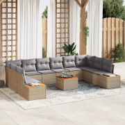 vidaXL 11-delat trädgårdsoffamöblemang med kuddar Beige poly rattan ak...