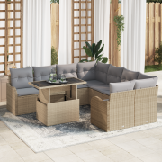 vidaXL 9-delad trädgårdsoffasett med kuddar beige polyrotting