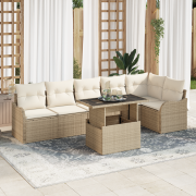 vidaXL 7 Delar Trädgårdsmöbelset med kuddar Beige Poly Rattan