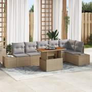 vidaXL 7 Delars Trädgårdsdining-set med kuddar Beige Poly Rattan Akaci...