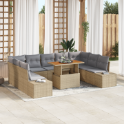 vidaXL 10-delars Trädgårdsdining set med kuddar Beige Poly Rattan Akac...