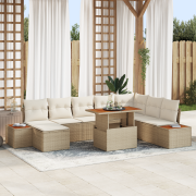 vidaXL 9-delars trädgårds matsalsset med kuddar Beige Poly Rattan Akac...