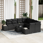 vidaXL 9 Delar Trädgårdssoffa Set med Kuddar Svart Poly Rattan