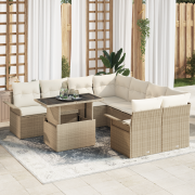 vidaXL 9 Delar Trädgårdsoffaset med kuddar beige poly rattan