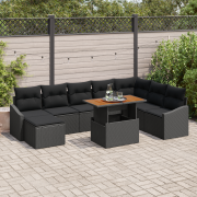 vidaXL 9-delad Trädgårdsoffset med kuddar Svart Poly Rattan