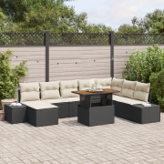 vidaXL 9-delars trädgårdsofa set med kuddar svart poly rotting