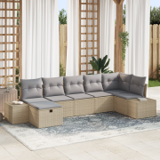 vidaXL 7-delars Trädgårdsoffgrupp med kuddar Beige Poly Rattan