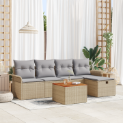 vidaXL 6-delad trädgårdsoffuppsättning med kuddar Beige Poly Rattan