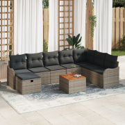 vidaXL 9-delat Trädgårdsoff-set med Kuddar Grå Poly Rattan, vidaXL 2-s...