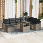 vidaXL 9 Delars Trädgårdsoffaset med Kuddar Grå Poly Rattan, vidaXL 2-...