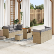 vidaXL 9-delad trädgårdsoffgrupp med kuddar Beige Poly Rattan Acacia