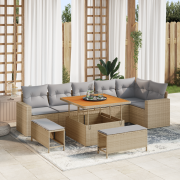 vidaXL 9-delars Trädgårdsoffasett med kuddar Beige Poly Rottning Akaci...