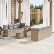 vidaXL 11 Delars Trädgårdsoffaset med Kuddar Beige Poly Rattan Akacia