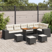 vidaXL 10-delad trädgårdsoffaset med kuddar svart poly rattan akaciatr...