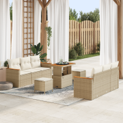 vidaXL 9-delars trädgårdsoffaset med kuddar i beige poly rattan akacia