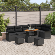 vidaXL 9-delad trädgårdsoff-set med kuddar svart poly rattan akacia