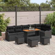 vidaXL 10-delars trädgårdsoffagrupp med kuddar Svart Poly Rattan Akaci...