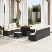 vidaXL 10-delars trädgårdsoff-set med kuddar Svart Poly Rattan Akacia
