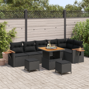 vidaXL 9-delars trädgårdsoffeset med kuddar svart poly rattan akacia
