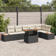 vidaXL 7-delat trädgårdsoffasett med kuddar svart poly rattan