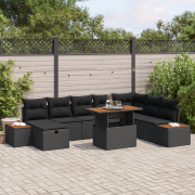 vidaXL 9-delars trädgårdsoffset med kuddar svart poly rattan