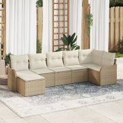 vidaXL 7 Delar Trädgårdsoffagrupp med Kuddar Beige Poly Rattan