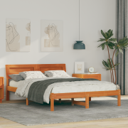 vidaXL Sängram med LED -remsljus med huvudgavel Vaxbrun 135 x 190 cm M...