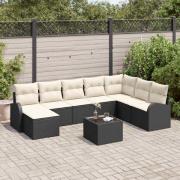 vidaXL Trädgårdsoffset med kudde 9 pcs Svart Poly rattan
