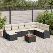 vidaXL Trädgårdsoffset med kudde 9 pcs Svart Poly rattan