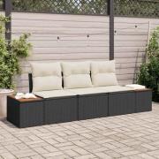 vidaXL Trädgårdsoffset med kudde 3 pcs Svart Poly rattan