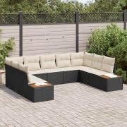 vidaXL Trädgårdsoffset med kudde 9 pcs Svart Poly rattan
