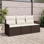 vidaXL Trädgårdsoffset med kudde med lagring 3 pcs Brun Poly rattan