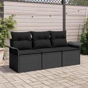 vidaXL Trädgårdsoffset med kudde med lagring 3 pcs Svart Poly rattan