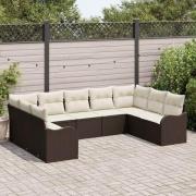 vidaXL Trädgårdsoffset med kudde 9 pcs Brun och vit Poly rattan