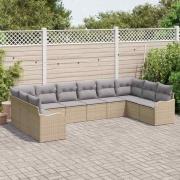 vidaXL Trädgårdsoffset med kudde 10 pcs Beige, ljusgrå Poly rattan