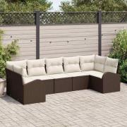 vidaXL Trädgårdsoffset med kudde 7 pcs Brun och vit Poly rattan