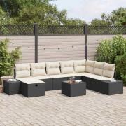 vidaXL Trädgårdsoffset med kudde 9 pcs Svart Poly rattan