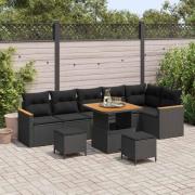 vidaXL Trädgårdsoffset med kudde 9 pcs Svart Poly rattan