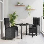 vidaXL Trädgårdsmöbelset med kudde 3 pcs Svart Poly rattan