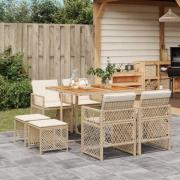 vidaXL Matgrupp för trädgården med dynor 9 delar beige konstrotting