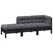 vidaXL Loungegrupp för trädgården med dynor 3 delar svart massiv furu