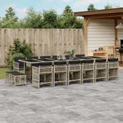 vidaXL Matgrupp för trädgården med dynor 17 delar ljusgrå konstrotting