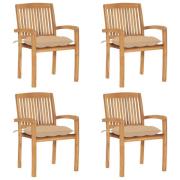 vidaXL Stapelbara trädgårdsstolar med dynor 4 st massiv teak