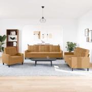vidaXL Soffgrupp med dynor 3 delar brun sammet